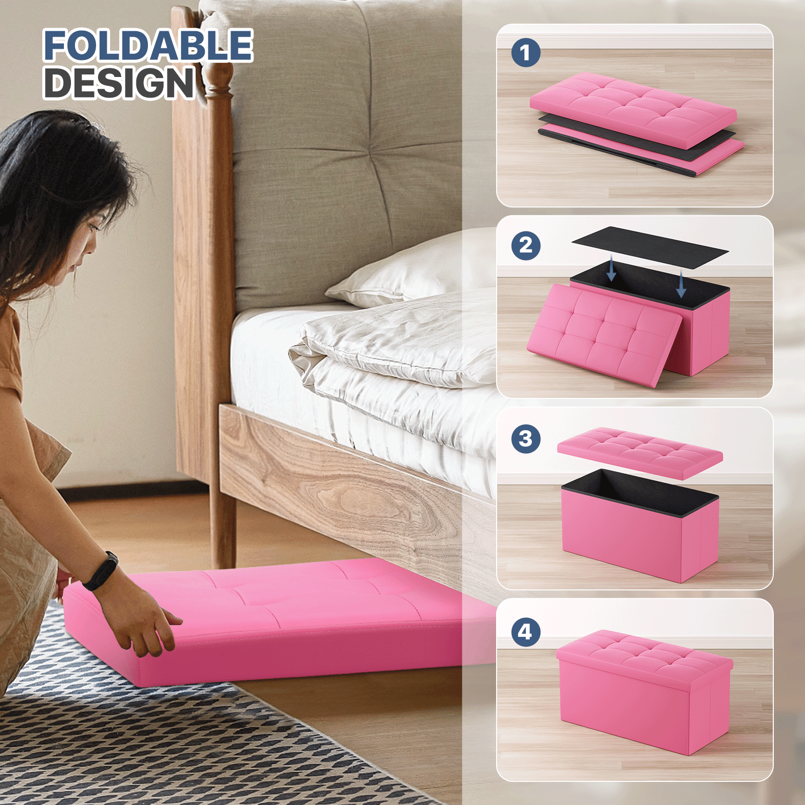 MoNiBloom 30" Folding Storage Ottoman Bench, PU Leather Collapsible Footrest Ottoman with Storage, for Living Room Bedroom Entryway, Dark Pink
