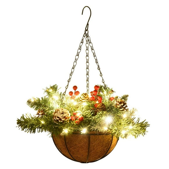 CNKOO Artificial Christmas Baskets Christmas Basket With Lights Snow Covered Pine Cones Pine Needles Branches with Red Berry Stems for Holiday Christmas Decoration
