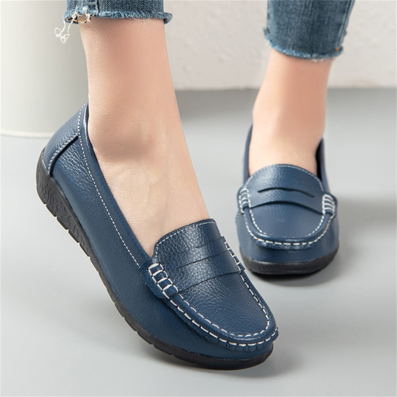 uikmnh Women Casual Shoes Flat Heel Sole Overfoot Comfort Solid Color Single Shoes Loafers Casual Shoes Dark Blue 8.5 - Walmart.com