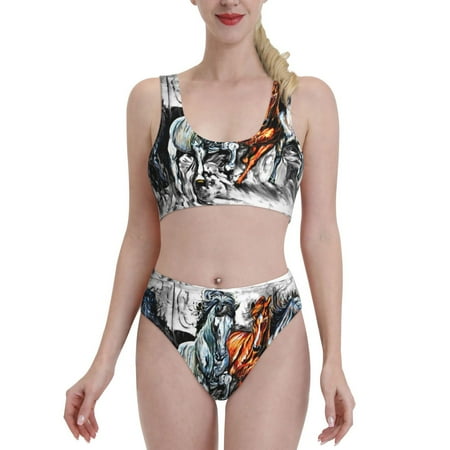 Bixox Four Running Horses Pattern Two-Piece Sports Bikini with U-Shaped Top and High-Waist Bottom - Women s Swimwear with Removable Bra Pads