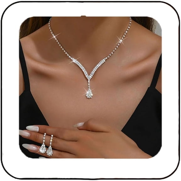 MUCHENGGIFT Bridal Wedding Jewelry Set Silver Rhinestone Necklace Earrings Sets Formal Costume Jewelry for Women and Brides