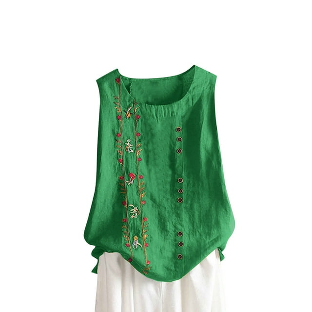 Vestidos Casuales Para Mujer, Blusas De Mujer De Moda Blusa de lino sin mangas con botones bordados para mujer, talla grande