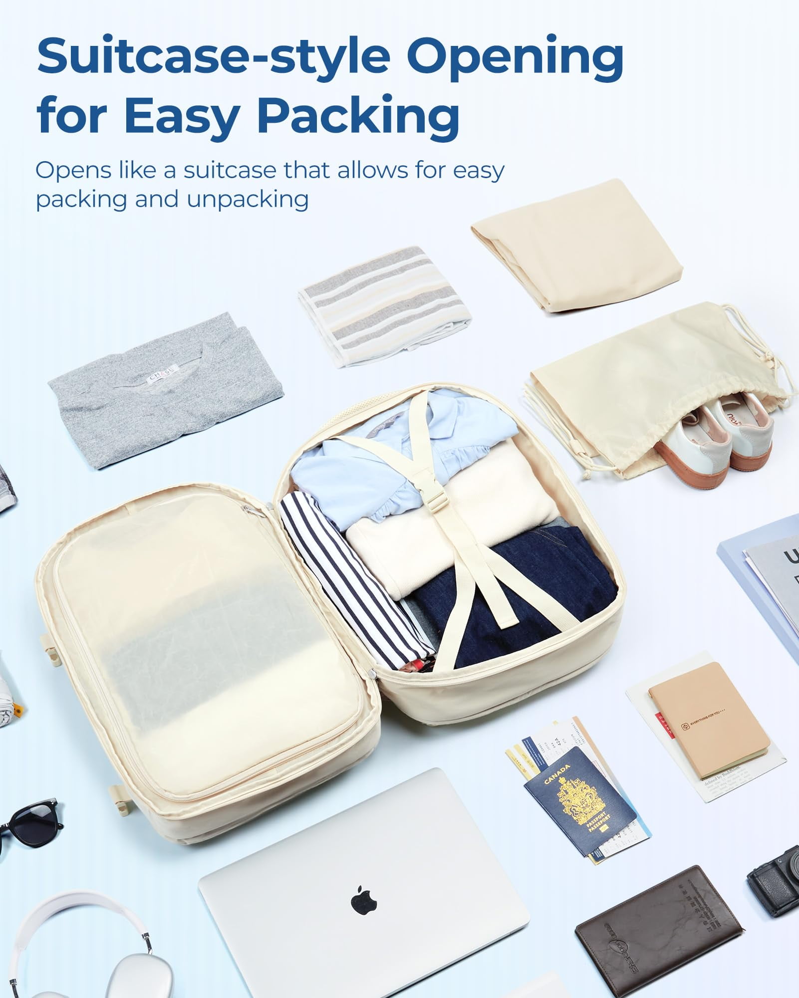 BAGSMART Travel Backpack, 30L Flight Approved Carry on Backpack with Door Lock, 17.3 Inch TSA Personal Item Backpack with Shoe Bag,Suitcase for Travel, Cream