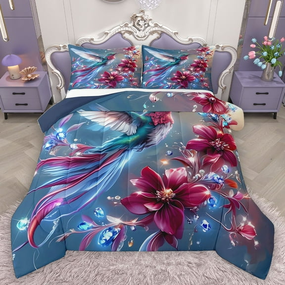 Homewish Floral Hummingbird Bedding Comforter Set 2pcs for Boys Girls,Bling Glitter Crystal Twin Comforter Sets Microfiber,Flower Animal Breathable Bedding Set,Super Cozy Room Decor,Reversible