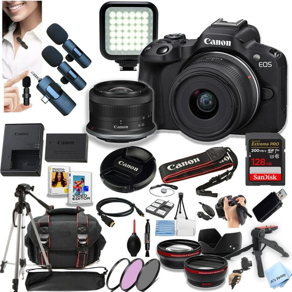 Canon EOS R50 Mirrorless Camera with RF-S 18-45mm Lens, 128GB Extreme SD Card, Wireless Lapel Mic and More (International Version)