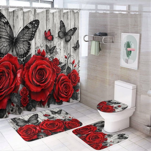 Rustic Red Rose and Black Butterfly Bathroom Linen and Accessory Set, 4 Piece, Waterproof Polyester, 71 x 71 inches, for Bathroom Decor