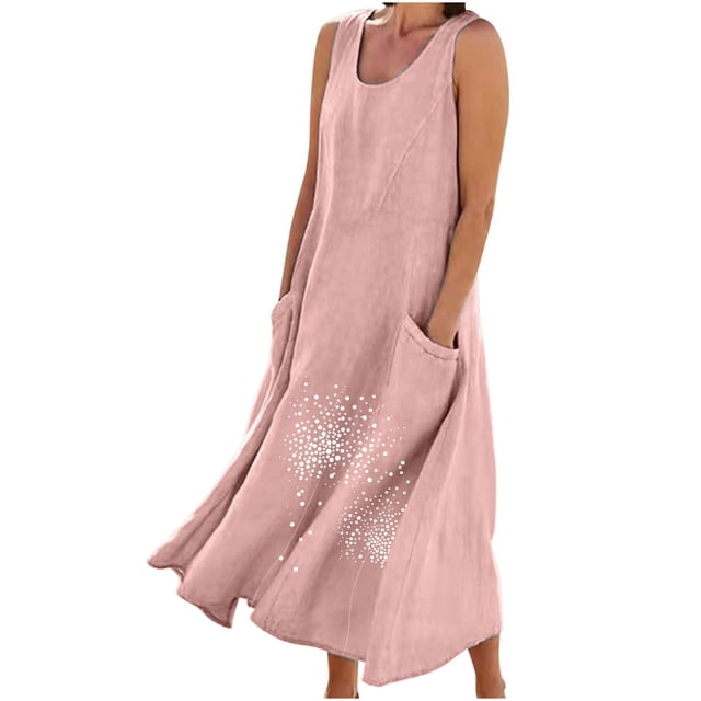 Staron Robes d'Été Roses pour Femmes 2025 Vacances Sans Manches Robe d'Été Grande Taille Décontractée Fluide Robes Coton Lin Longue Unie Col Ras du Cou Robe Décontractée avec Poches TTG