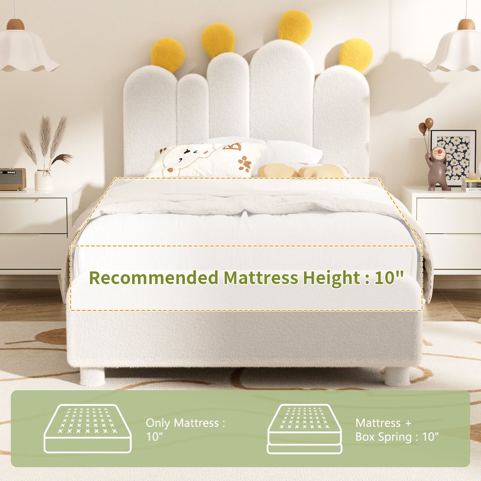 MOPHOTO Boucle bed frame Child Bed for Kids,Wood Upholstered Bed Frame with Adjustable Headboard,Standard Crib Size Toddler Bed,Certified Toddler Fabric Beds,Modern Platform Bed (White)