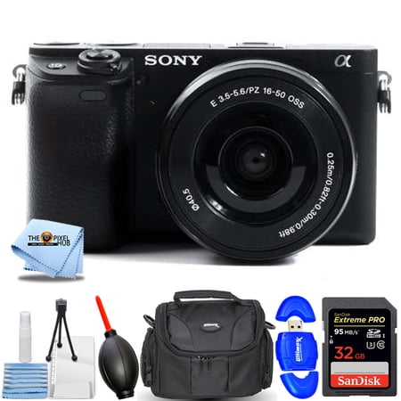 Sony Alpha a6400 Mirrorless Digital Camera with 16-50mm - Essential Bundle Includes: Sandisk Extreme Pro 32GB SD  Memory Card Reader  Gadget Bag  Blower  Microfiber Cloth and Cleaning Kit