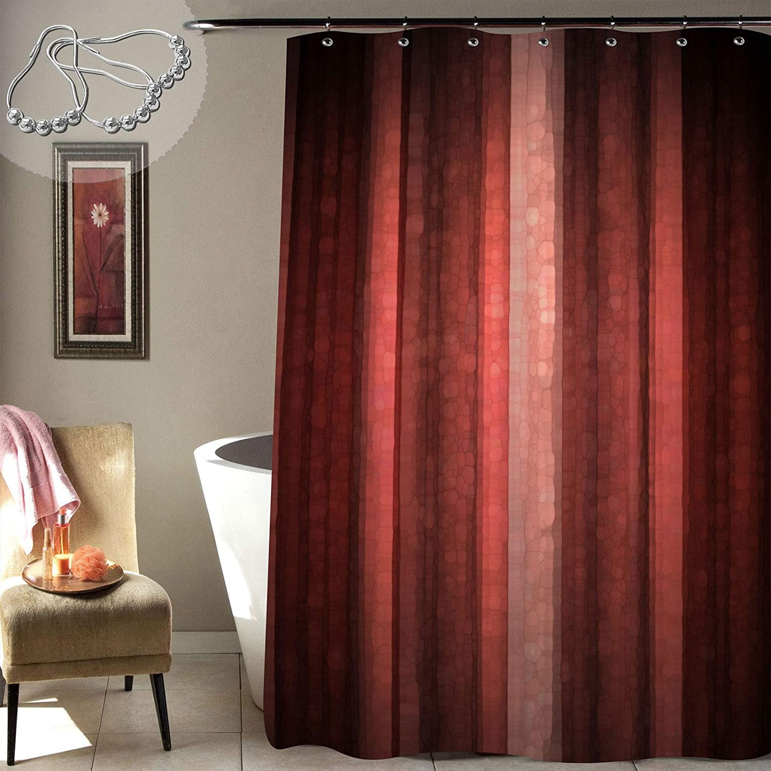 Red Striped Shower Curtain, Burgundy Marron Neon Red Modern Vintage