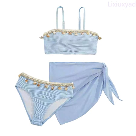 Lixiuxyad Girls Two Piece Bikini Swimsuit Solid Color Tankini Top And Swim Shorts For Teen Youth 3 Piece Bikini Set Sizes 8-9 Years Blue