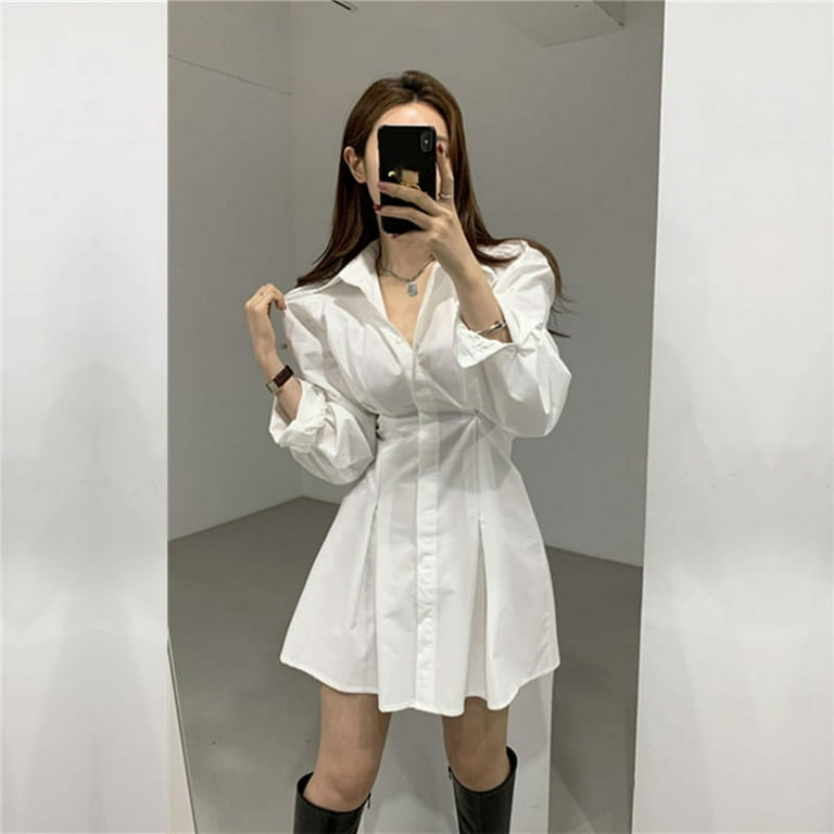 DanceeMangoo Black White Shirt Dress Women Korean Fashion Puff Sleeve  Waist-Tight Short Dresses Ladies Office Turndown Collar Dress 