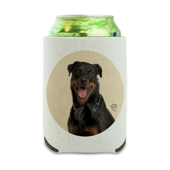 Rottweiler Dog Headphones Sitting DJ Can Cooler - Drink Sleeve Hugger Collapsible Insulator - Beverage Insulated Holder