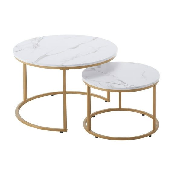 Nesting Coffee Table Set of 2, 27.6" Round Tables, Small Space Living Room End Side Tables, Vintage Nightstand with Metal Frame