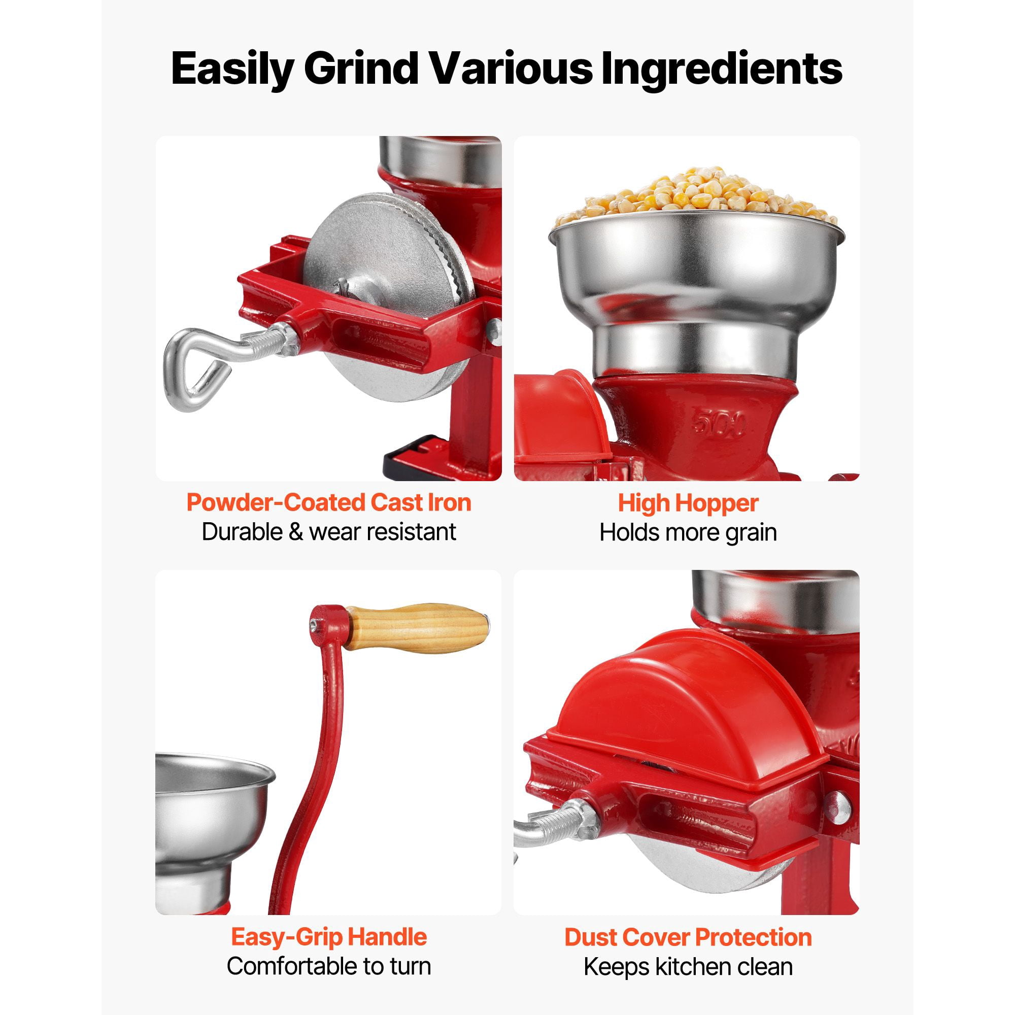 Manual Grain Mill with Low Hopper, Cast Iron, Adjustable Fineness, Table Clamp, for Grains Corn Coffee Beans Spices