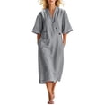thumbnail image 2 of Ovbmpzd Summer Long Boho Beach Dresses for Women Loose Linen Sundresses Gray Short Sleeves V-Neck T-Shirt Dresses With Pockets,XL, 2 of 6