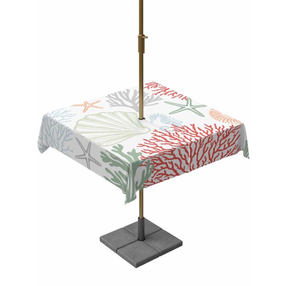 Outdoor Tablecloths with Umbrella Hole & Zipper, Red Sage Green Coastal 54x54 Inch Square Tablecloths, Summer Beach Coral Shell Starfish Waterproof Table Cloth, Patio/Pool/Picnic Table Covers