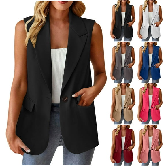 Otntypg Women Sleeveless Blazer Vest Casual Open Front V Neck Fully-Lined Work Office Summer Tops Jacket with Pockets Fashion 2025 Black XXL