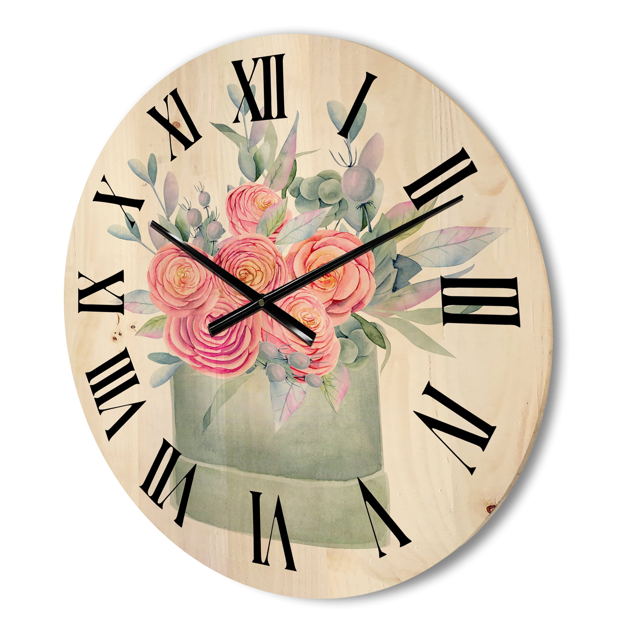 Designart 'Pink Roses With Gift Box' Farmhouse Wood Wall Clock