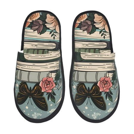Balery Vintage Art Butterfly Flower Slient Indoor Furry Fleece Comfort House Shoes Soft Non-Slip Home Shoes Cotton slippers House Slippers-- Medium