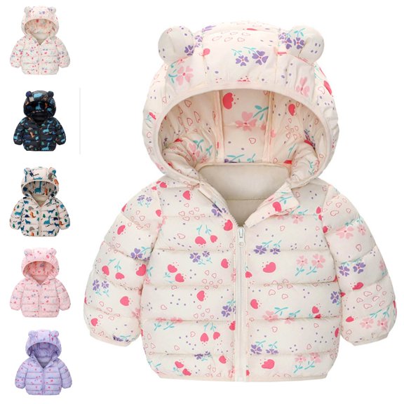 Bmisegm Puffer Jacket Girls Down Winter Coat Soft Hooded Ears Design Floral Zipper Long Sleeve Warm Thickened Outerwear Baby Coat