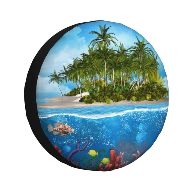 Saiise Housse de Pneu en Cuir Imperméable à Motif d'Île et de Récif Corallien, Protecteur de Roue Durable pour Jeep Wrangler, VR, VUS, Camion et Remorques de Voyage - 16 Pouces