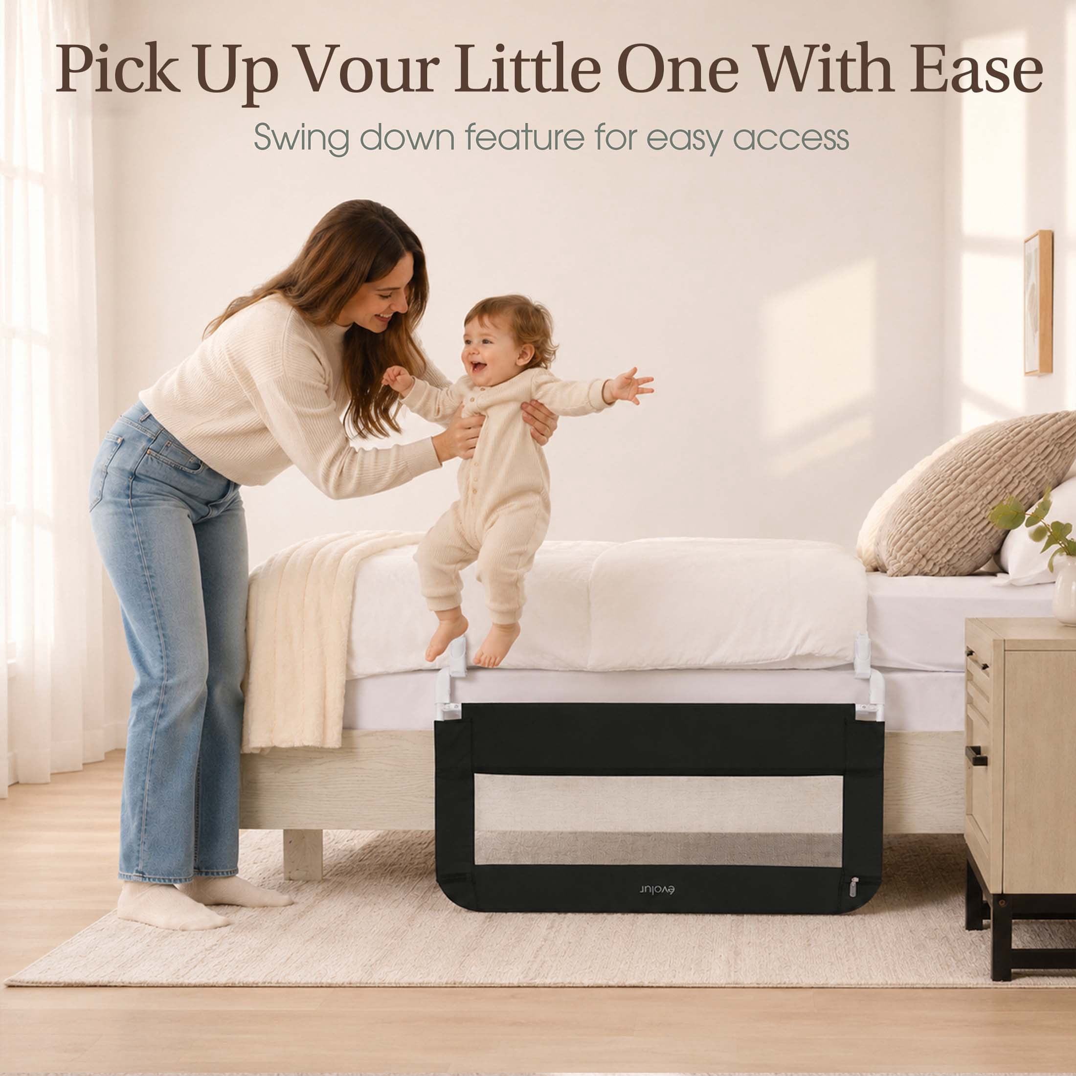 Evolur Snooze Shield Bed Rail for Toddlers, Swing-Down, 33 in, Black