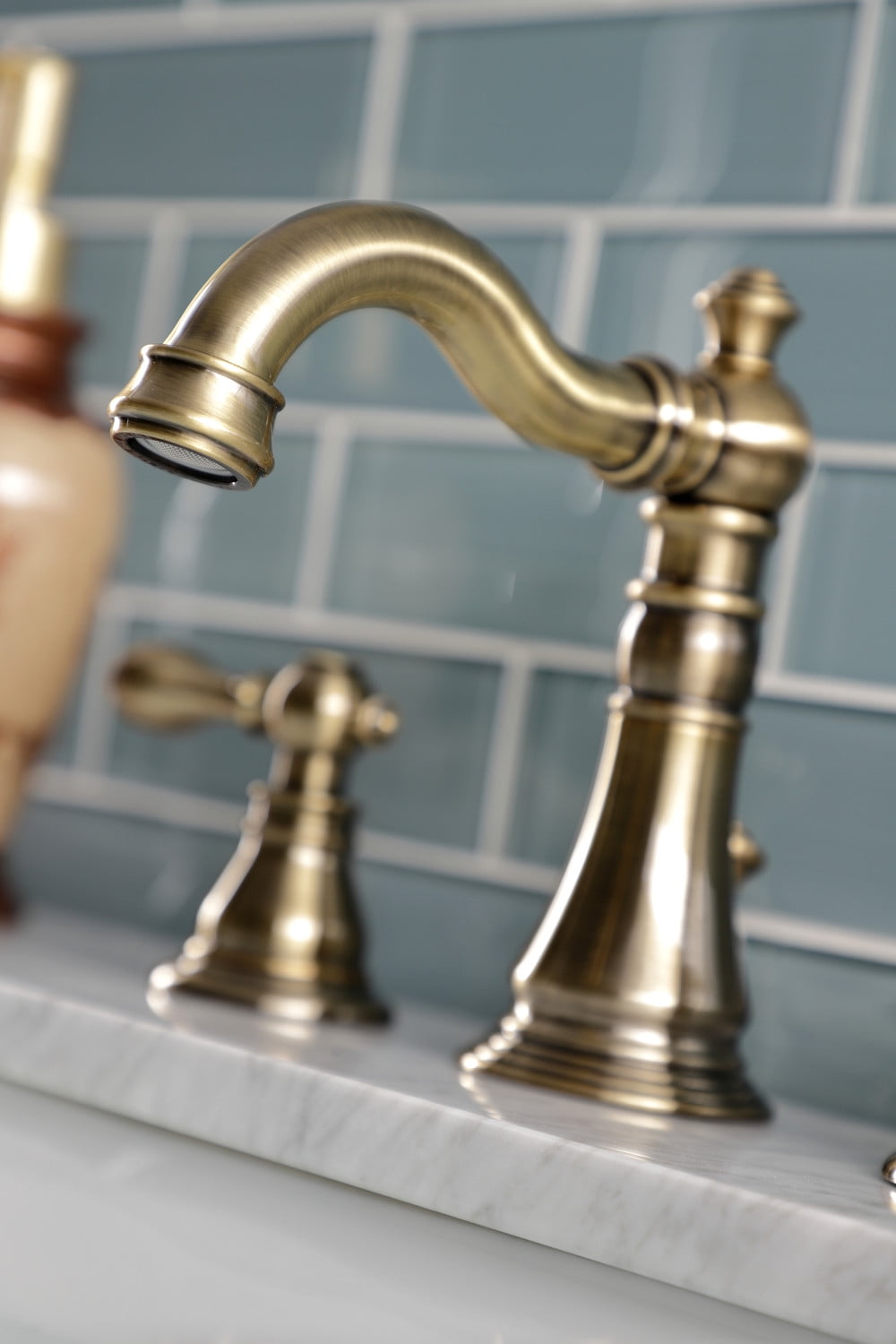 Fauceture FSC19733ACL Deck Mount Widespread Bathroom Faucet, Antique Brass
