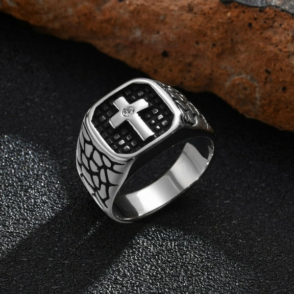 Vnox Stainless Steel Cross Ring for Men, Cast Design with Cubic Zirconia, Bold Steel Color, Fashion Men's Jewelry
