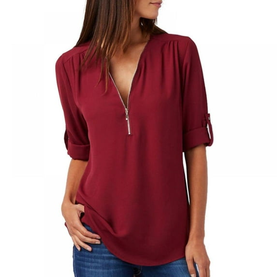 Women's V Neck Zip Cuffed Sleeve Flowy Business Casual Work Tunic Tops Shirts Blouse