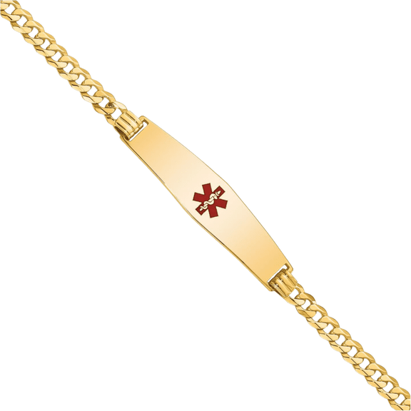 14K Solid Yellow Gold Medical Alert Curb Link Name Bar Identification ID Bracelet