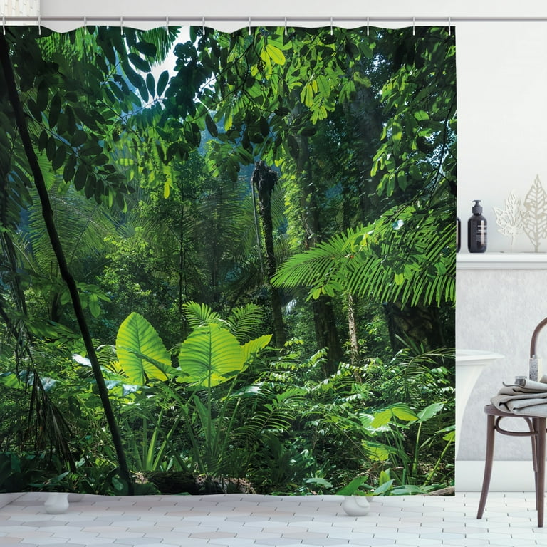 Plant Shower Curtain, Green Jungle Untouched Nature Environmental Concerns  Flora Fauna Jungle Rainforest, Fabric Bathroom Set with Hooks, 69W X 70L  Inches, Forest Green, by Ambesonne 