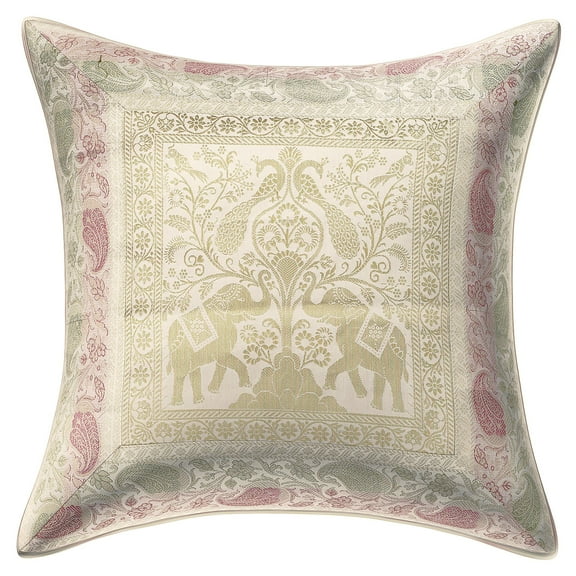 Stylo Culture Ethnic Couch Throw Pillow Cover 16x16 Jacquard Peacock White Square 40 x 40 cm Home Decor Accent Pillowcase Brocade Elephant Zippered Cushion Cover | 1 Pc