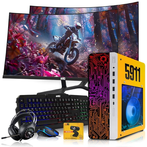 Restored HP Gaming PC Desktop Computer 5911 AMD A10-9700, RX 550, 16GB RAM, 512GB SSD, Dual 27 Inch Curved Monitor, RGB KBM with AI Copilot, WiFi, RGB Headphone, Webcam, Windows 11