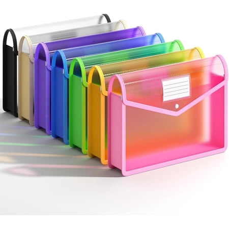 7 Pack Plastic Expanding File Folder, Transparent envelopes with Snap Closure, No Dividers, Large Capacity, Fit Legal/B4 Size for School, Office, Home, Hospital, Colors