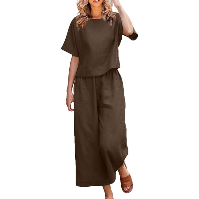 SUWHWEA Mode Women Été Solide Col Rond Décontracté Manches Courtes Haut+pantalon Ensemble Assorti Ensembles for Women Café