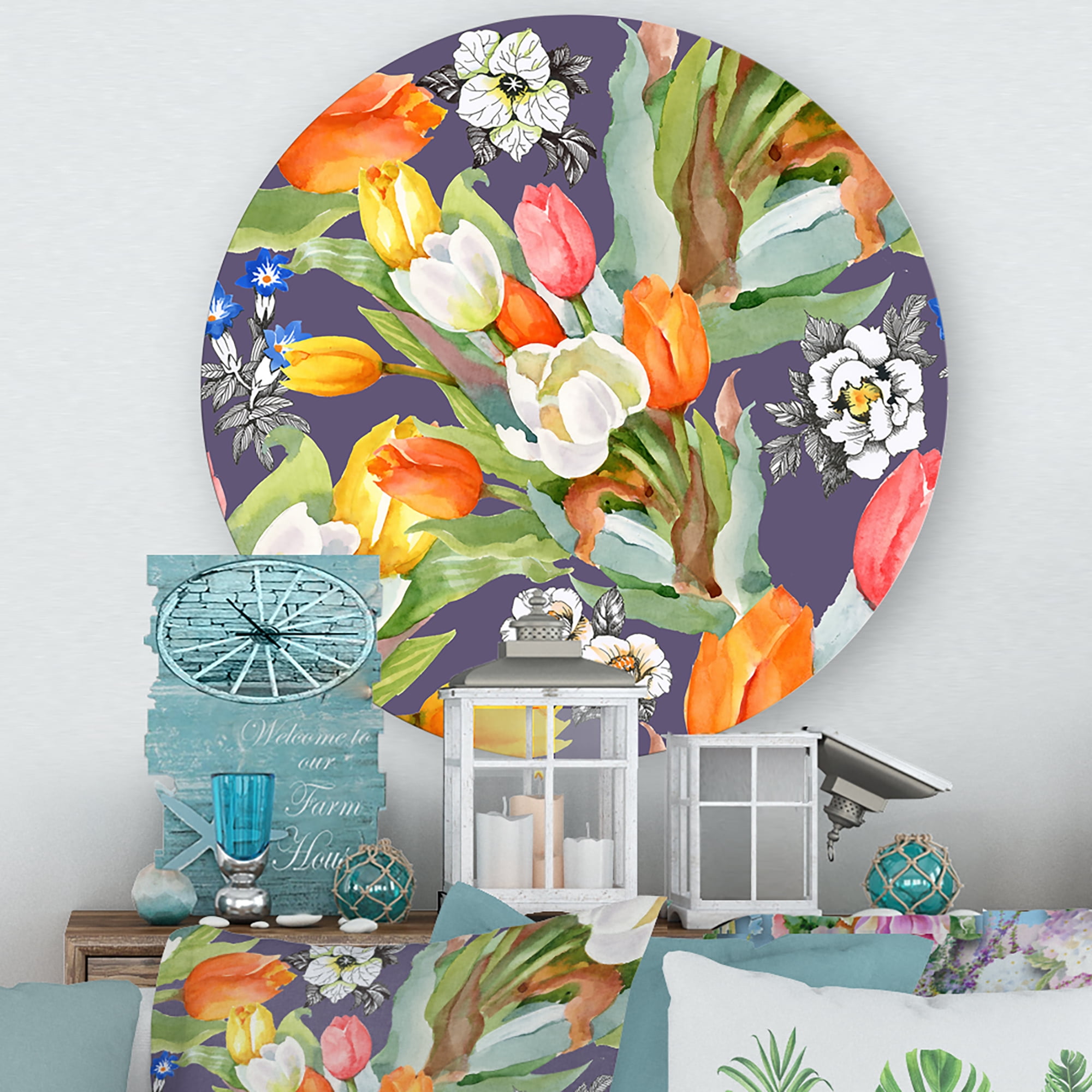 Designart 'Blooming Orange and White Tulips III' Traditional Circle Metal Wall Art 11x11 - Disc of 11