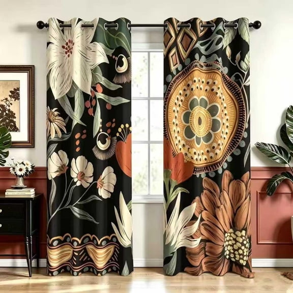 Black Boho Floral Blackout Curtains for Living Room, Bohemian Flowers Window Drapes for Bedroom,52x84 Inch,2 Panels