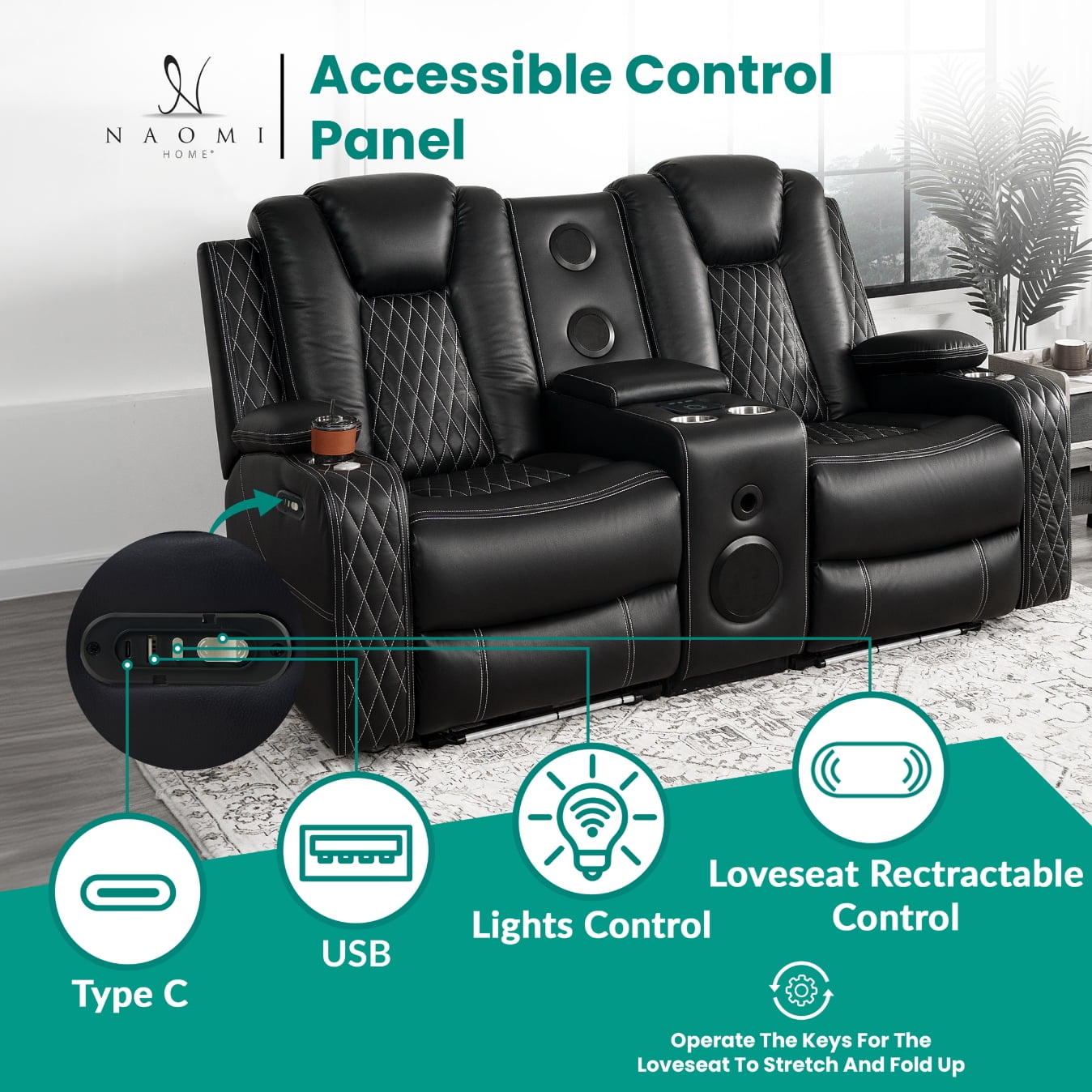 Home Theater Seating, Gaming Chairs for Adults, Wireless Charging Movie Theater Chairs, Power Recline Loveseat with 6 Cup holders and Tray, Powerful in-Built Speaker, USB Ports, Air Leather – Black