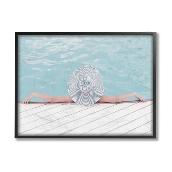 Stupell Industries Woman Relaxing Poolside Summer Brim Hat Design by Daphne Polselli, 11" x 14", Black Framed