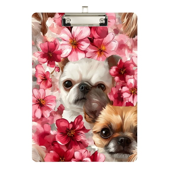 FORMRS Acrylic Clipboard with Low Profile Clip Standard A4 Letter Size, 12.5" x 9", Shihtzu Dog Pink Flower Pattern