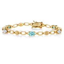Gem Stone King 18K Yellow Gold Plated Silver Blue Apatite and White Moissanite and Round White Lab Grown Diamond Tennis Bracelet for Women (3.11 Cttw, Gemstone Birthstone, Oval 6X4MM, 7.25 inches)