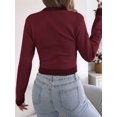 thumbnail image 5 of Women Casual Color Block Stripe Ribbed Crew Neck Slim Cropped Long Sleeve Knit Pullover Sweater Wine Red M, 5 of 10