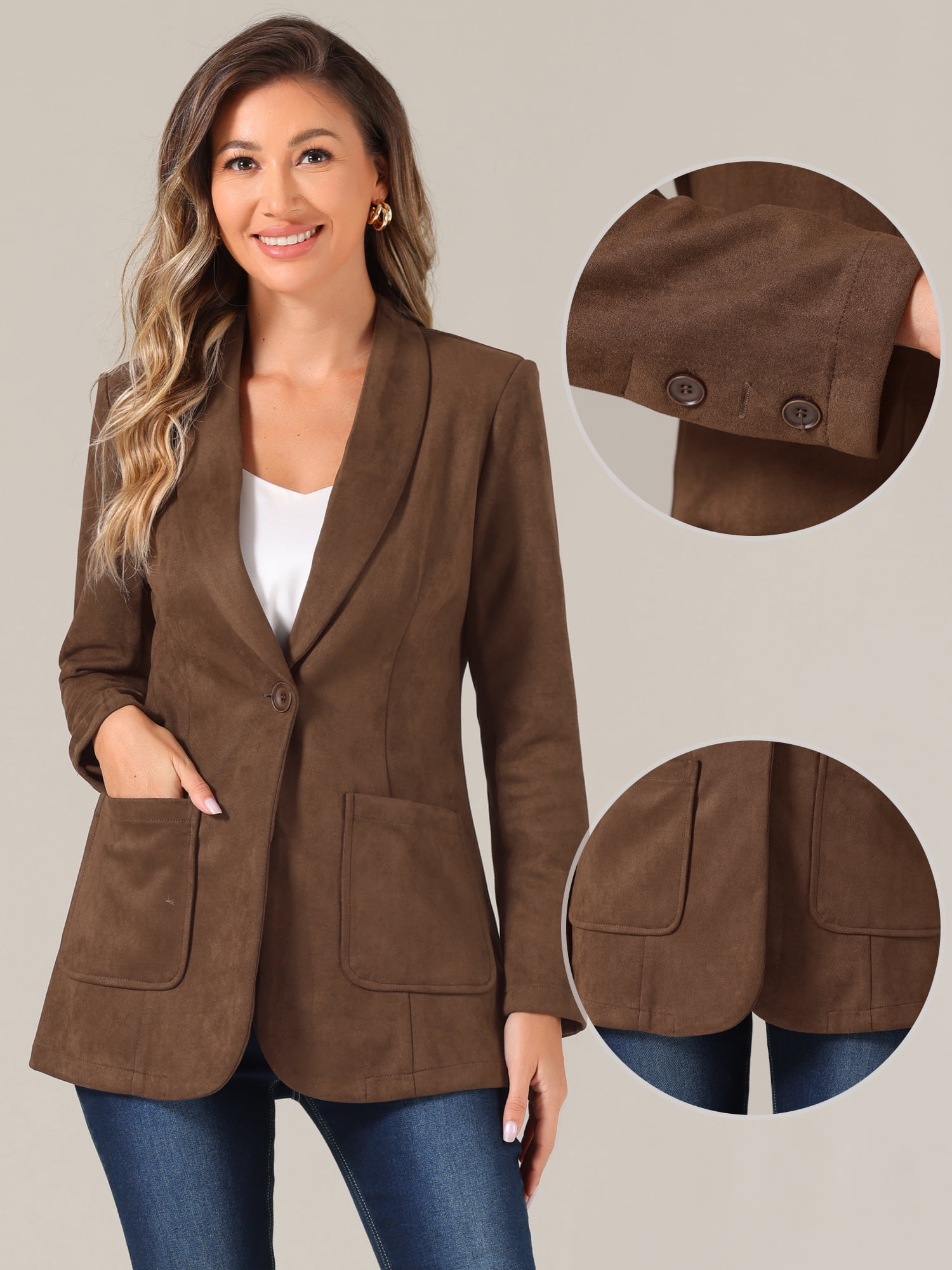 DARING DIVA Women's Faux Suede Lapel Collar One Button Dressy Suit Jacket XS Brown