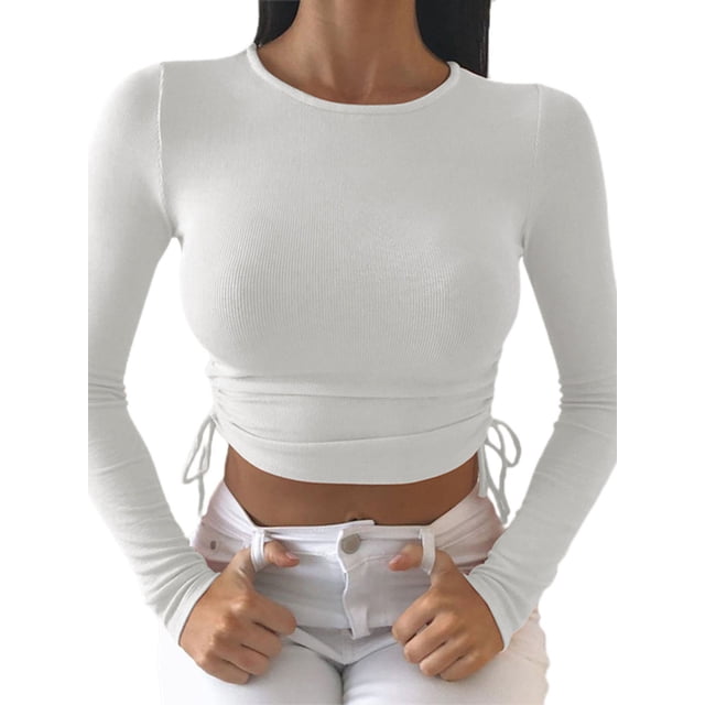 Haut Court à Manches Longues pour Femmes Col Rond Côtelé Ajusté T-Shirt Basique