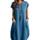 thumbnail image 4 of Vestidos transpirables de lino y algodón para mujer, ropa holgada informal y cómoda con cuello redondo y bolsillos dobles, Color sólido, Verano, 4 of 5