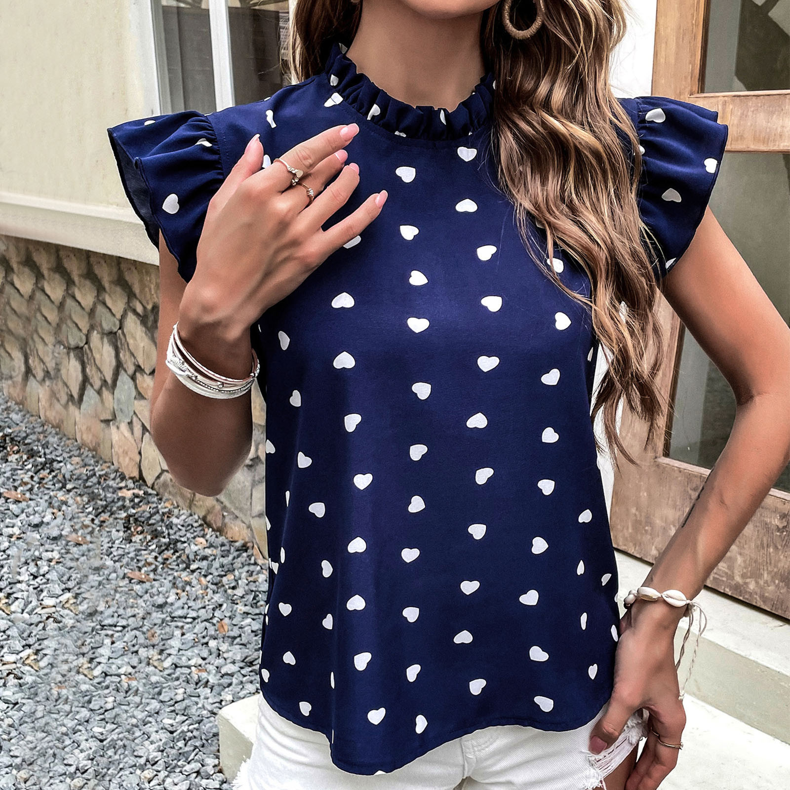 TAIAOJING Tshirt Women Summer Casual Short Sleeve Summer Pleated Polka Dot Round Neck Loose Top Fall T-Shirt - image 2 of 9