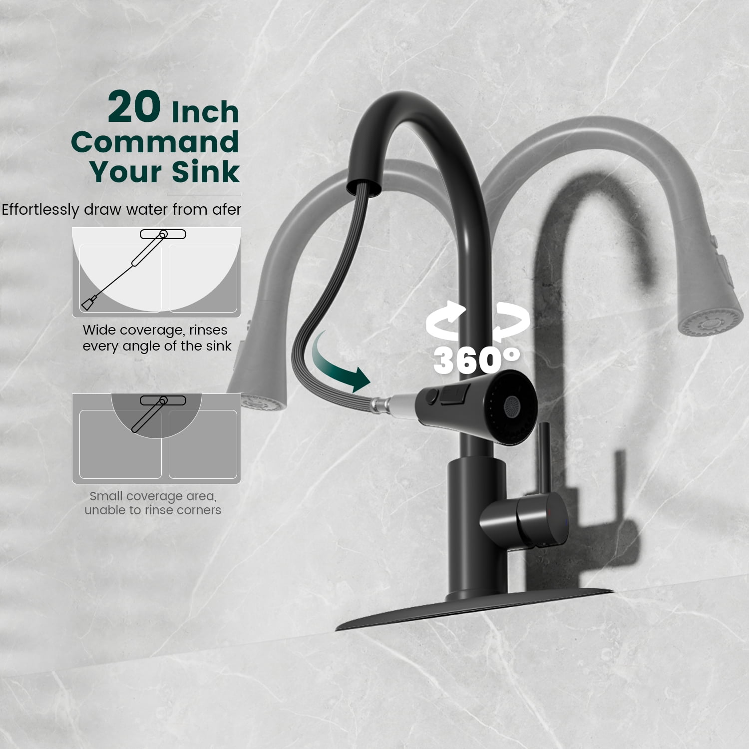 APPASO Stainless Steel Kitchen Faucet, Pull Down Sprayer 3 Modes, Matte Black High Arc Single Handle Gooseneck Faucets for 1 to 3 Holes Sink, Laundry, Farmhouse, RV, Bar