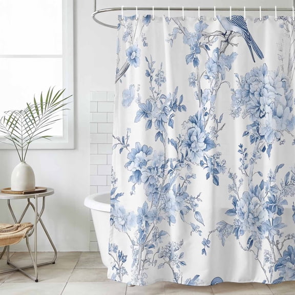Blue White Flowers Waterproof Fabric Shower Curtain,Spring Summer Floral Botanical Waterproof Fabric Shower Curtain for Bathroom Curtains Bathtubs Hotel Shower Curtains with 12 Hooks Long 72x78in