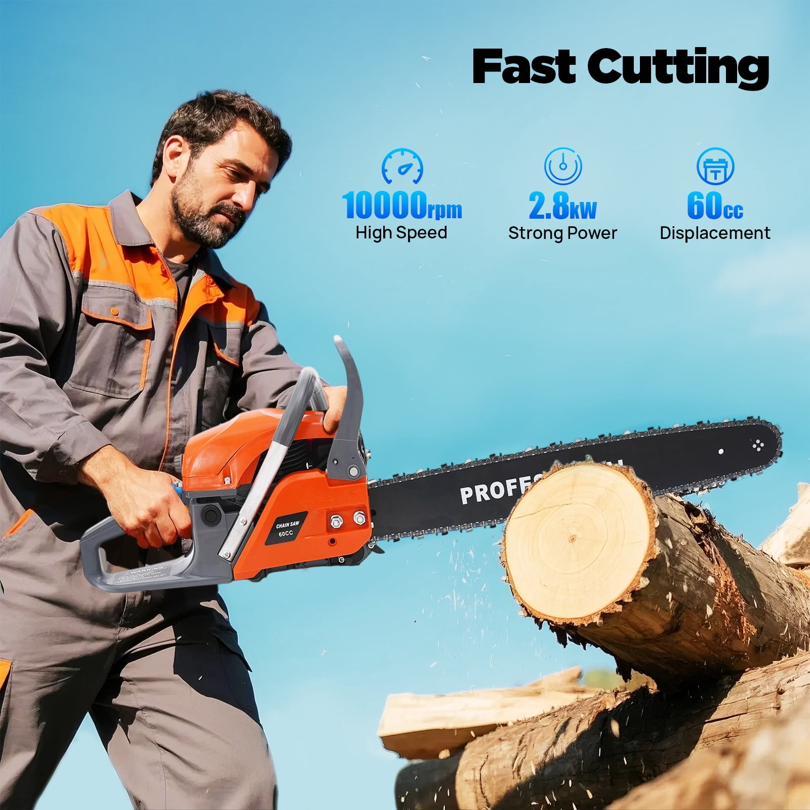 2.8kw 60cc Orange Gas Chainsaw,22in Max Cut,2-Stroke Air-Cooled,Cordless,Safe & Comfortable,Ideal for Garden & Logging